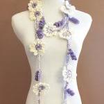 Crochet Flower Scarf Lariat Ivory Cream And Purple..