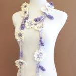 Crochet Flower Scarf Lariat Ivory Cream And Purple..