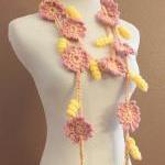 Crochet Flower Scarf Lariat Spring Fashion Pink..