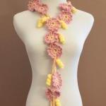 Crochet Flower Scarf Lariat Spring Fashion Pink..