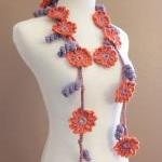 Crochet Flower Scarf Lariat Spring Fashion Orange..