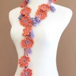 Crochet Flower Scarf Lariat Spring Fashion Orange..