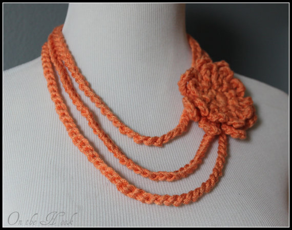 Layered Necklace Orange Cream Flower Brooch Chain Crochet Necklace