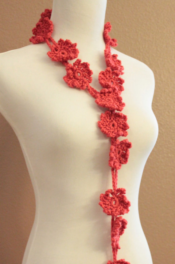 Crochet Flower Scarf Lariat Spring Fashion Coral