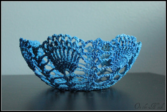 Crochet Lace Doily Bowl Basket Bright Blue