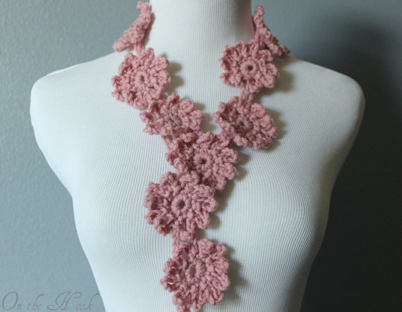 Crochet Flower Scarf Lariat Spring Fashion Dusty Pink