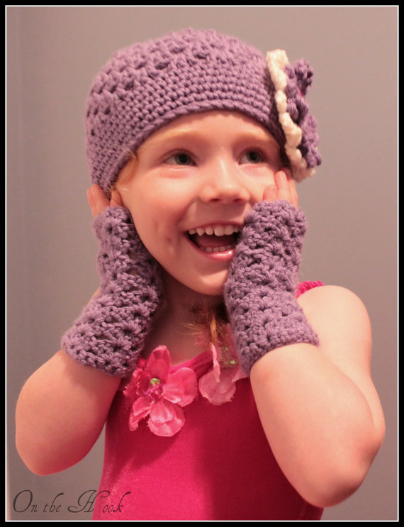 Crochet Flower Hat and Fingerless Glove Set