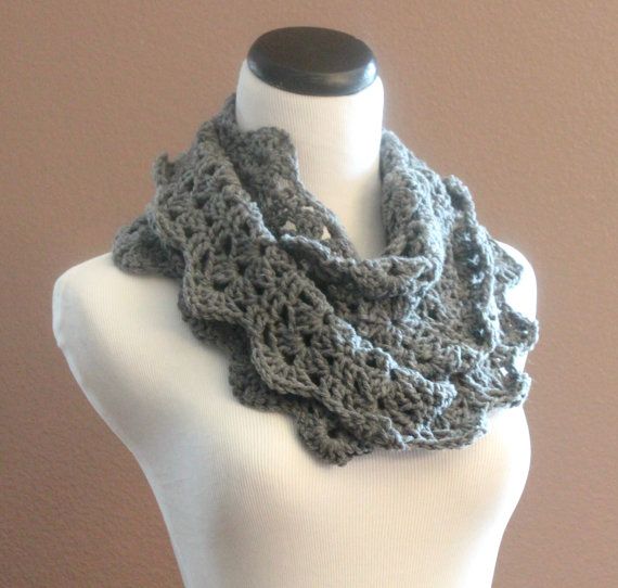 Infinity Scarf Chunky Crochet Lace Thick Cowl Neckwarmer Scarf Snood Smokey Grey