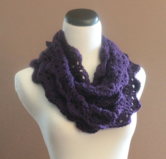 Lace Infinity Scarf Chunky Crochet Thick Cowl Neckwarmer Scarf Snood Plum Purple