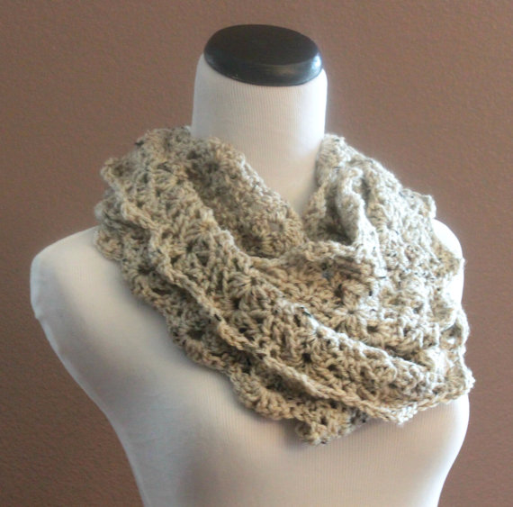 Chunky Infinity Scarf Crochet Lace Thick Cowl Neckwarmer Scarf Snood Oatmeal