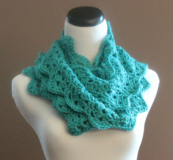 Crochet Scarf Lace Infinity Loop Thick Cowl Neckwarmer Snood Turqouise