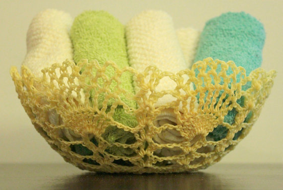 Yellow Crochet Bowl Lace Doily Basket Yellow