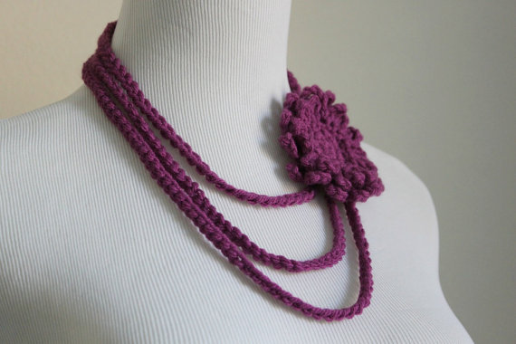Crochet Necklace Flower Brooch Layered Necklace Magenta