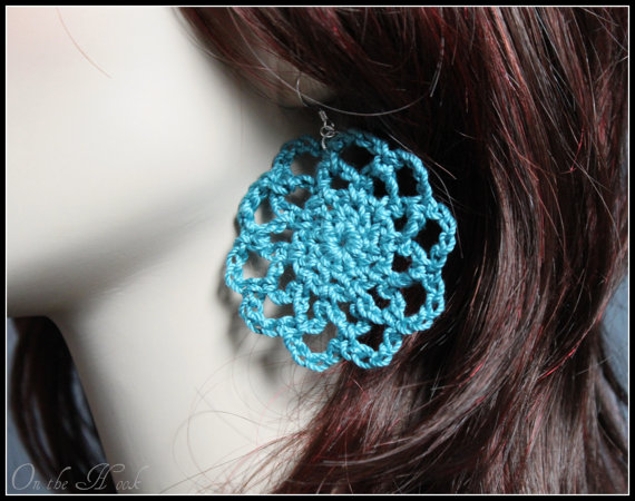 Crochet Earrings Teal Lace Doily Motif Spring Fasion