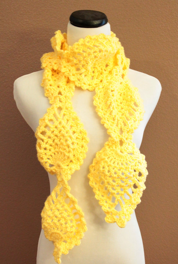 Crochet Scarf Chunky Lace Pineapple Motif Yellow