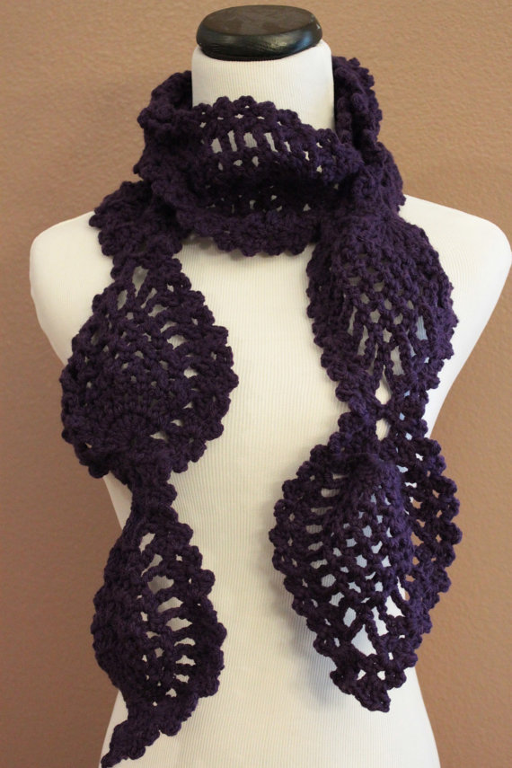 Crochet Scarf Chunky Lace Pineapple Motif Plum Purple