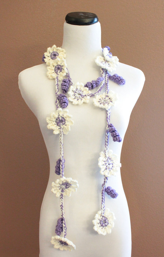 Crochet Flower Scarf Lariat Ivory Cream And Purple Spring Fashion on Luulla