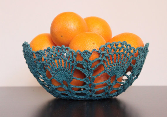 Crochet Lace Doily Bowl Basket Teal