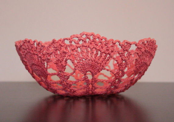Decorative Centerpiece Bowl Crochet Basket Lace Doily Coral