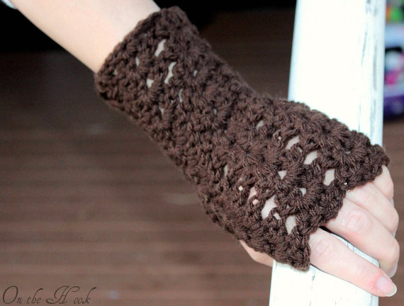 Crochet Fingerless Gloves Gauntlets Wrist Warmers Chocoate Brown