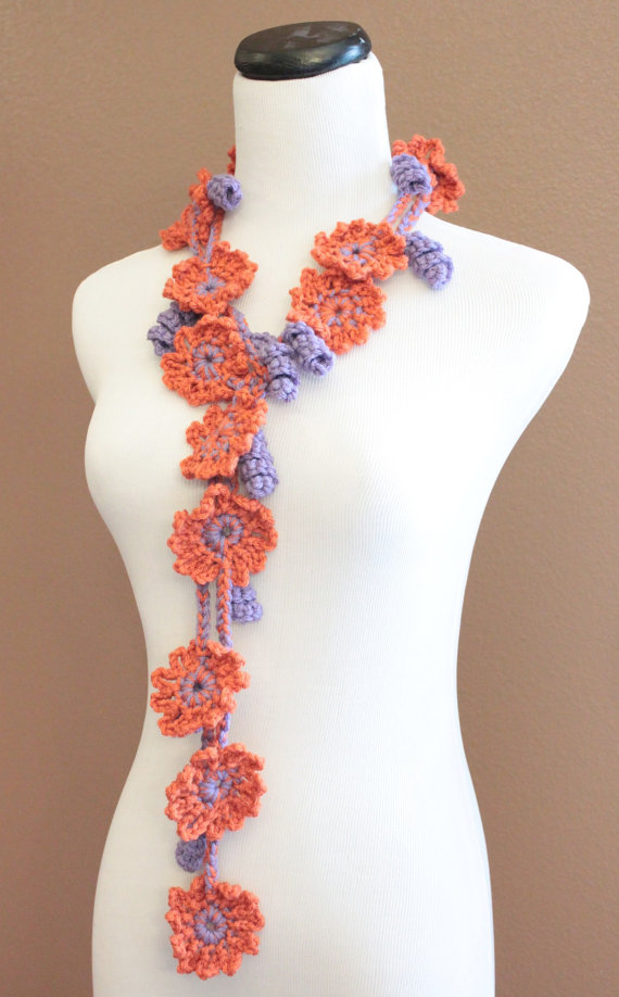 Crochet Flower Scarf Lariat Spring Fashion Orange & Purple