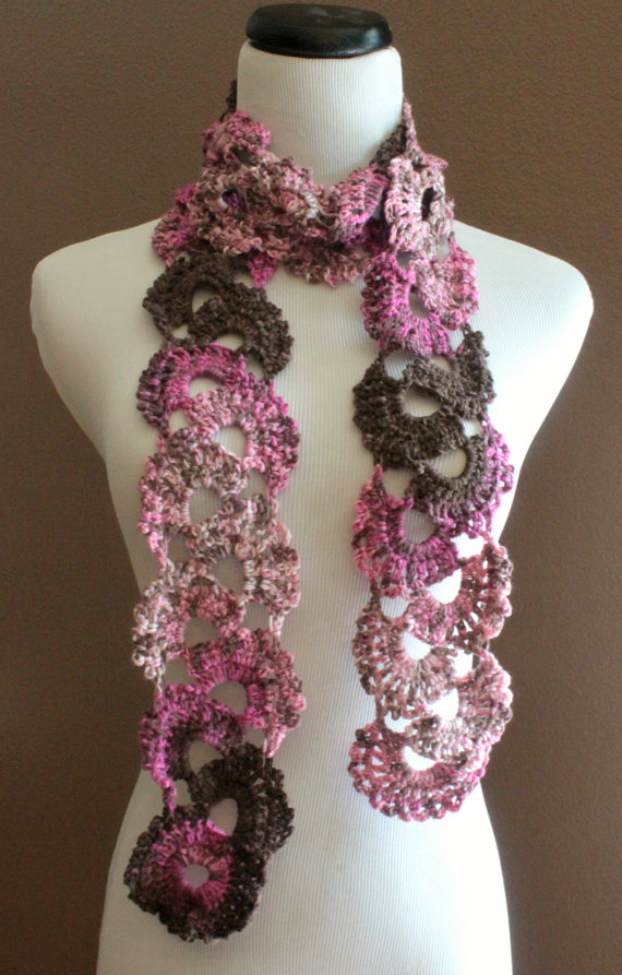 Crochet Queen Annes Lace Scarf Seashell Ombre Varigated Multicolor Pink And Brown