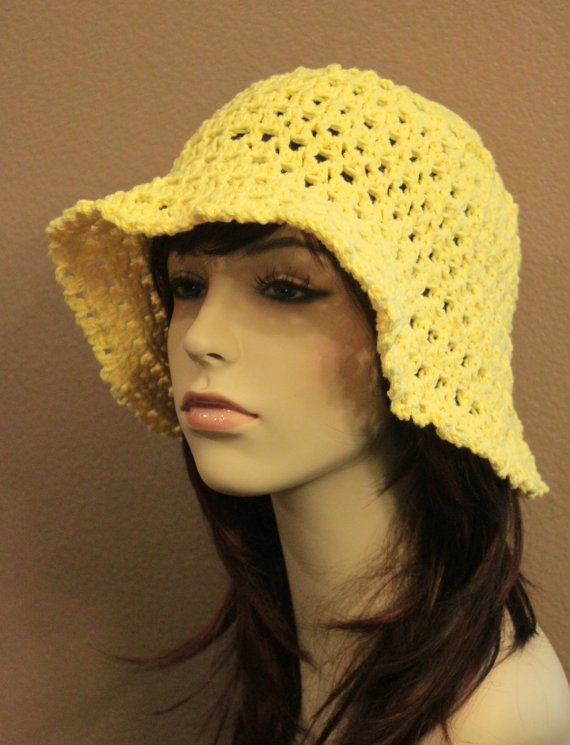 Yellow Crochet Hat Summer Beach Floppy Wide Brim on Luulla