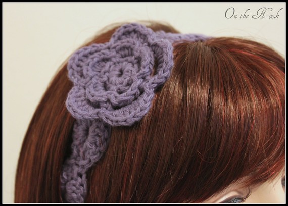 Womens Flower Headband Purple Crochet Hair Tie
