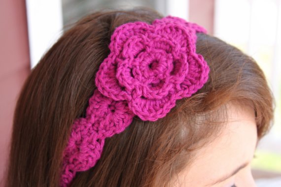 Flower Headband Crochet Hair Tie Magenta