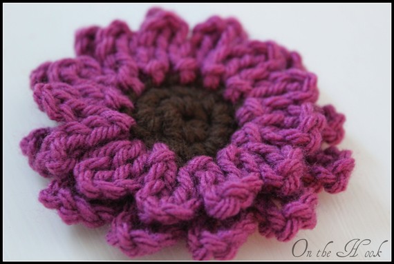 Crochet Flower Brooch Pin Magenta and Brown