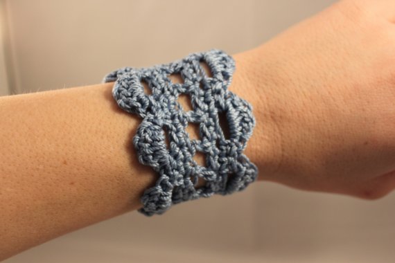 Lace Bracelet Crochet Cuff Blue Scalloped