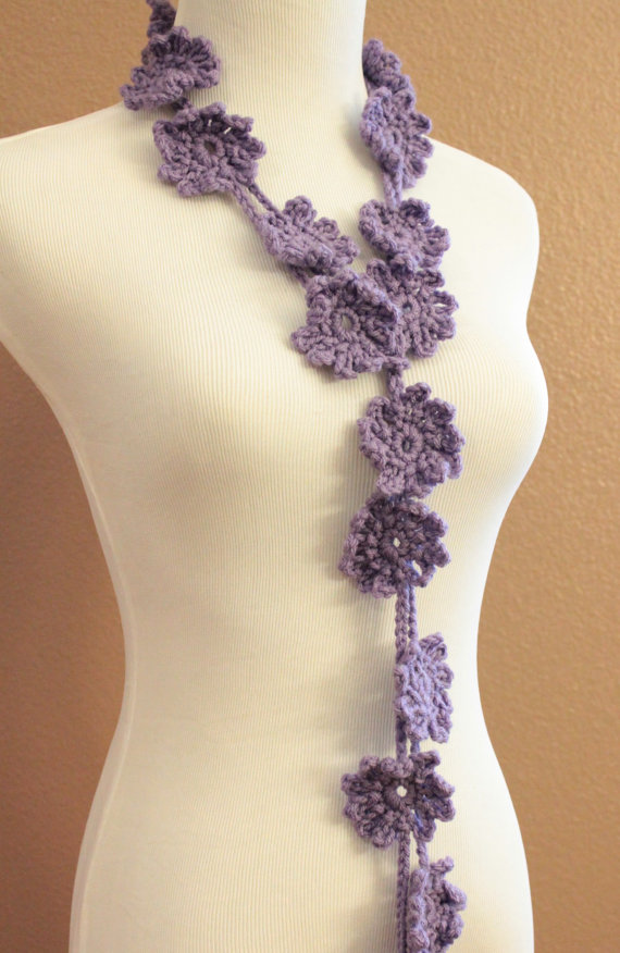 Crochet Flower Scarf Purple Lariat Spring Fashion