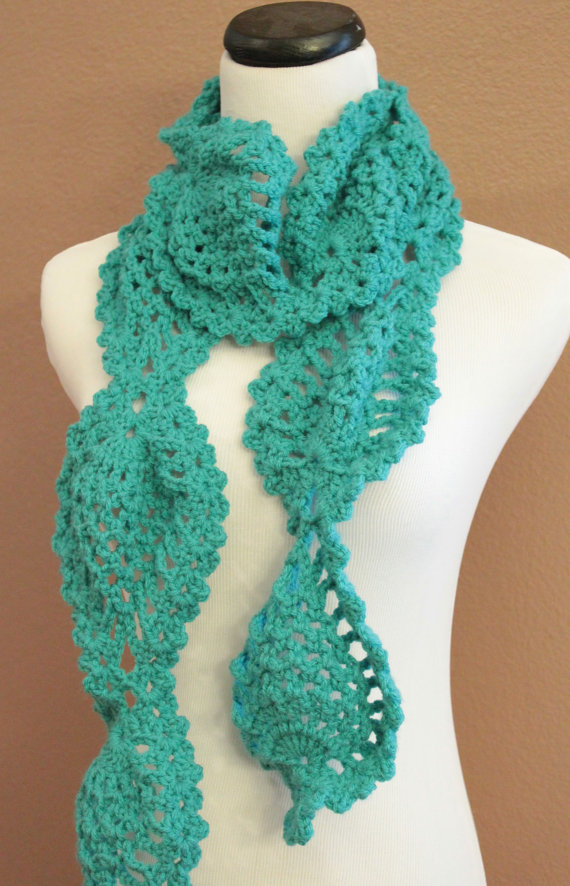 Turquoise Crochet  Scarf  Women s Chunky Lace Pineapple 