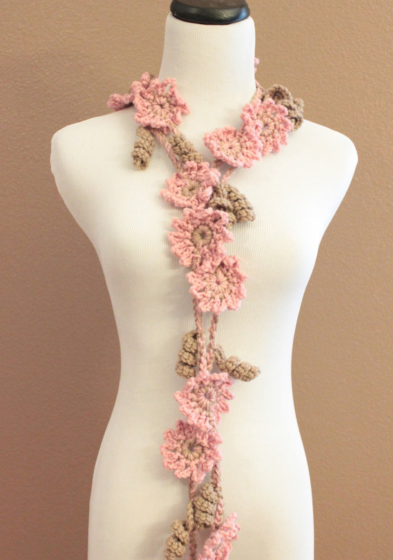 Crochet Flower Scarf Lariat Women's Fashion Pink And Brown Flowers on ...