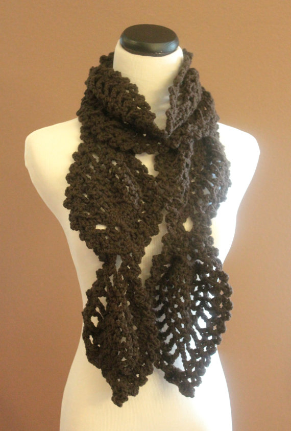 Womens Crochet Scarf Espresso Brown Chunky Lace Pineapple Motif