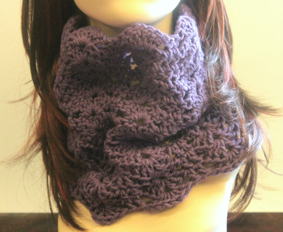 Chunky Crochet Cowl Infinity Scarf Lace Dusty Plum Purple