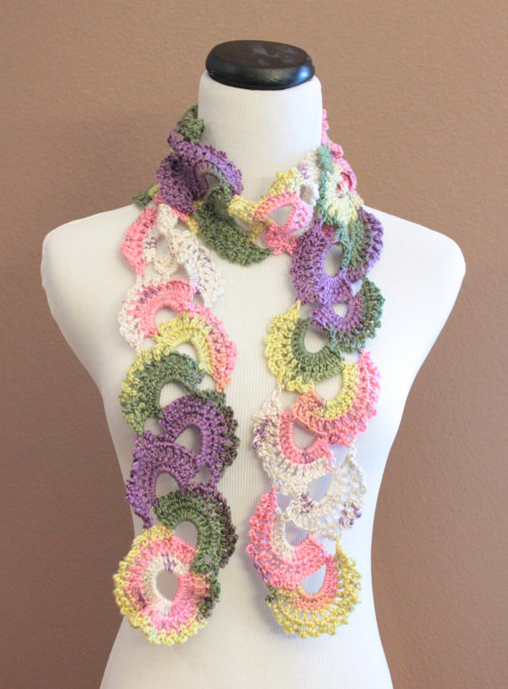 Lace Crochet Scarf Queen Annes Lace Ombre Varigated Multicolor Pastel Colors