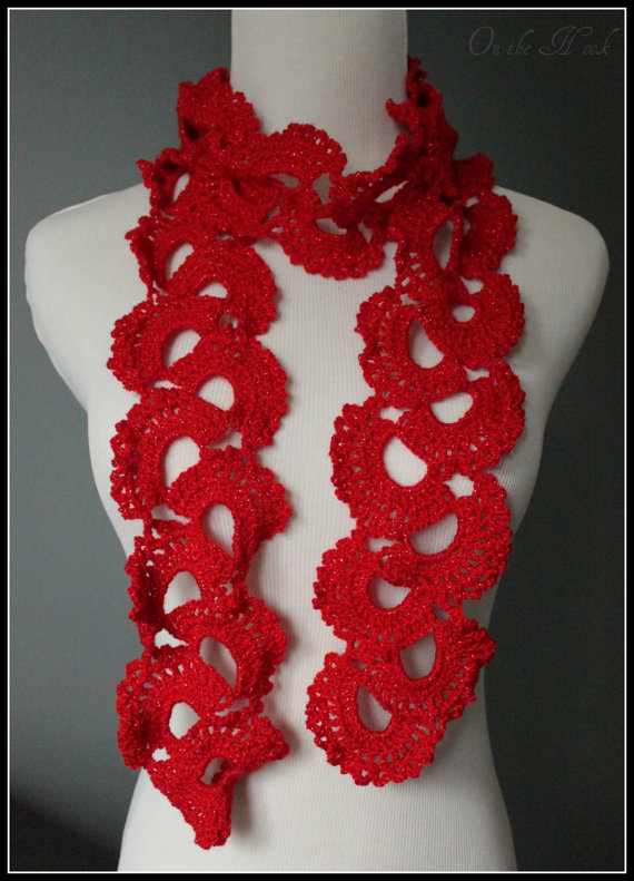 Crochet Scaf Red Sparkle Queen Annes Lace Seashell Shimmer