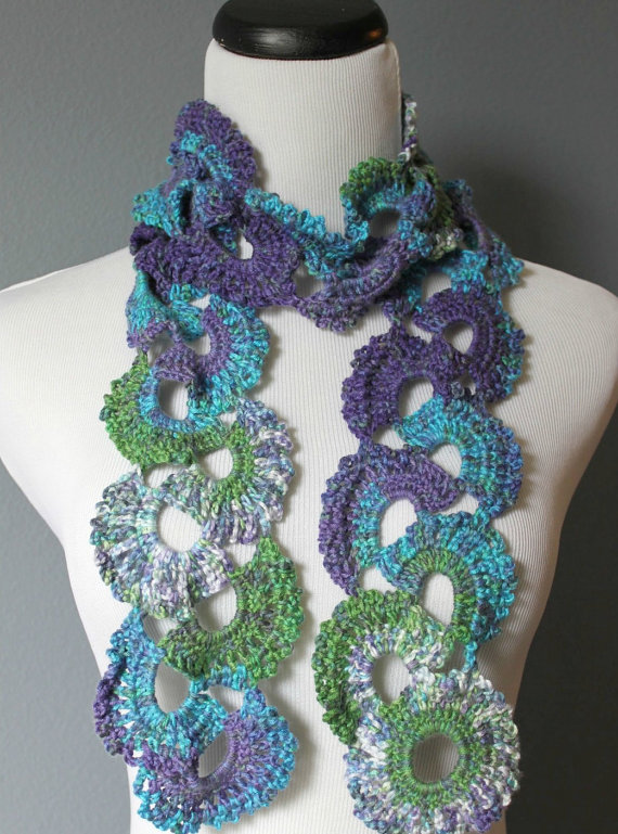 Womens Crochet Scarf Queen Annes Lace Crochet Scarf Ombre Multicolor Varigated Jewel Tones