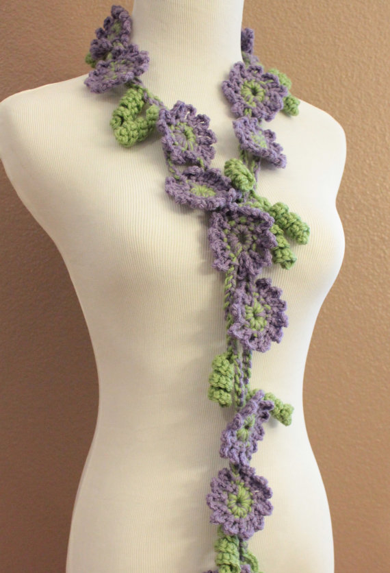 Crochet Flower Scarf Lariat Spring Fashion Lilac Purple And Sage Green