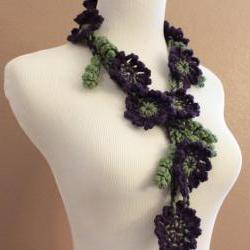 Crochet Flower Scarf Lariat Purple and Green Spring Fashion